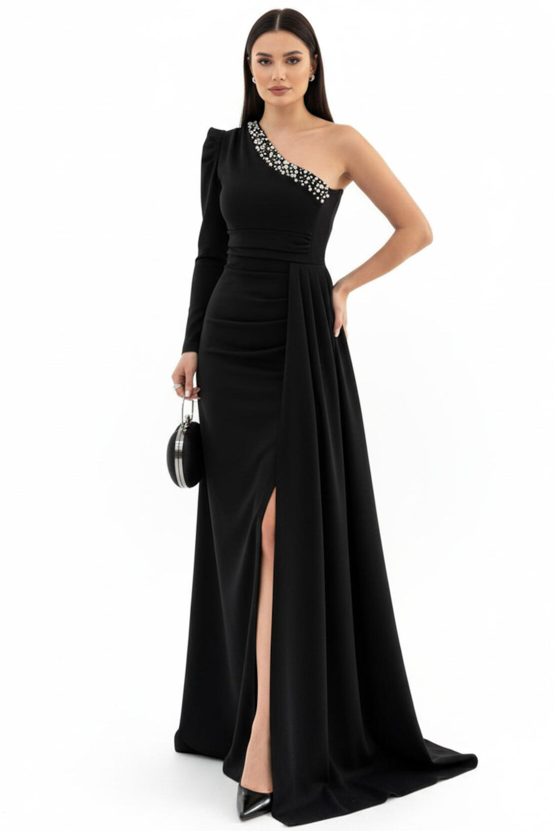 One - Shoulder Velvet Evening Dress — Black