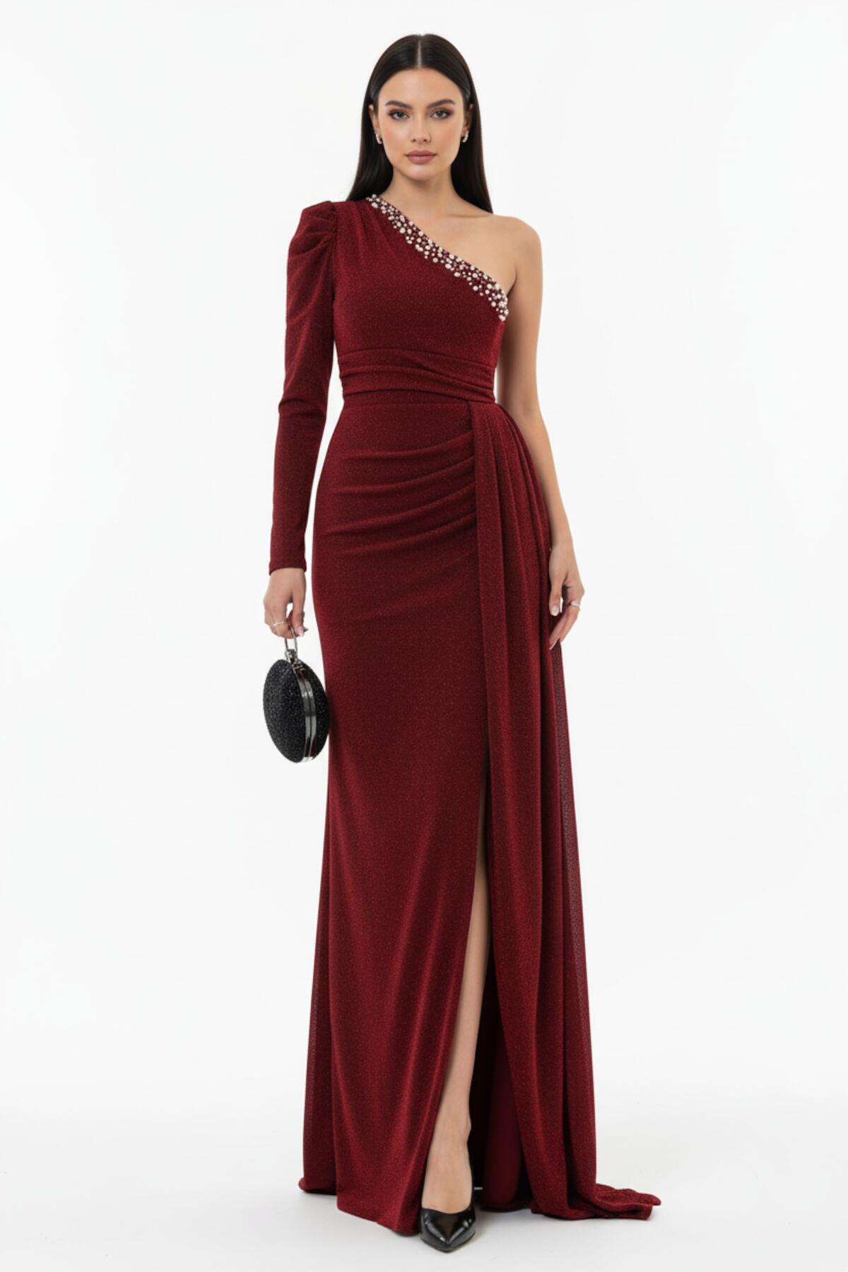 Burgundy One - Shoulder Velvet Evening Dress