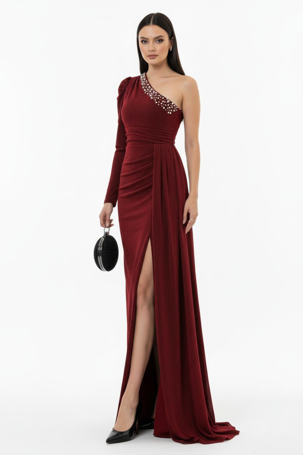 Burgundy One - Shoulder Velvet Evening Dress