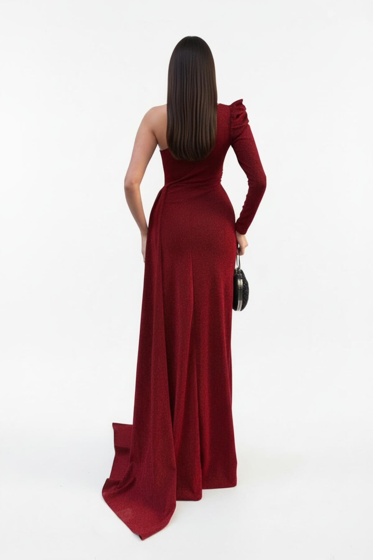 Burgundy One - Shoulder Velvet Evening Dress