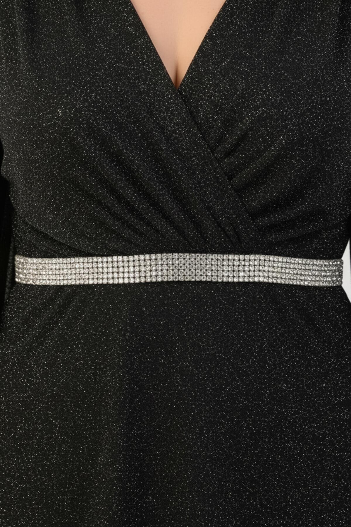 Plus - Size Long Evening Dress With Beaded Waist And Strip Detailing — Black