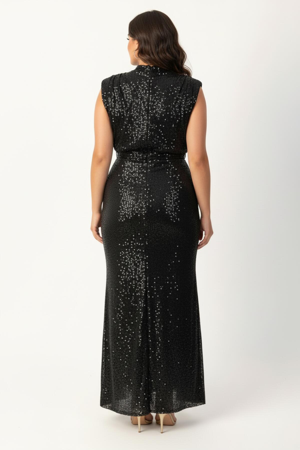 Plus - Size Sleeveless Belted Sequin Gown — Black