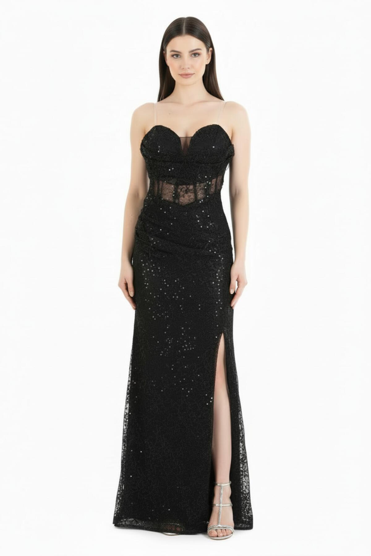 Sleeveless Long Lace Evening Dress With Bust Detail — Black