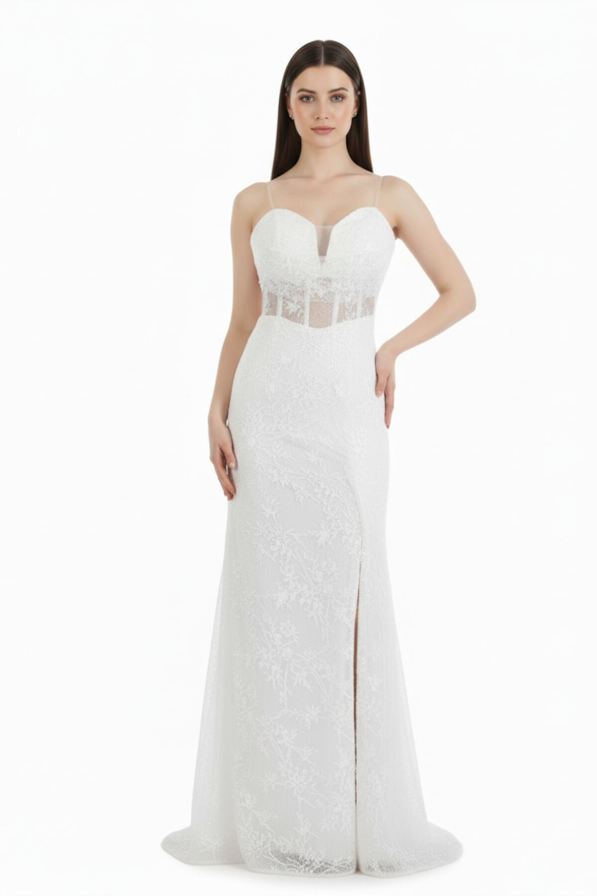Sleeveless Long Lace Evening Dress With Bust Detail — White