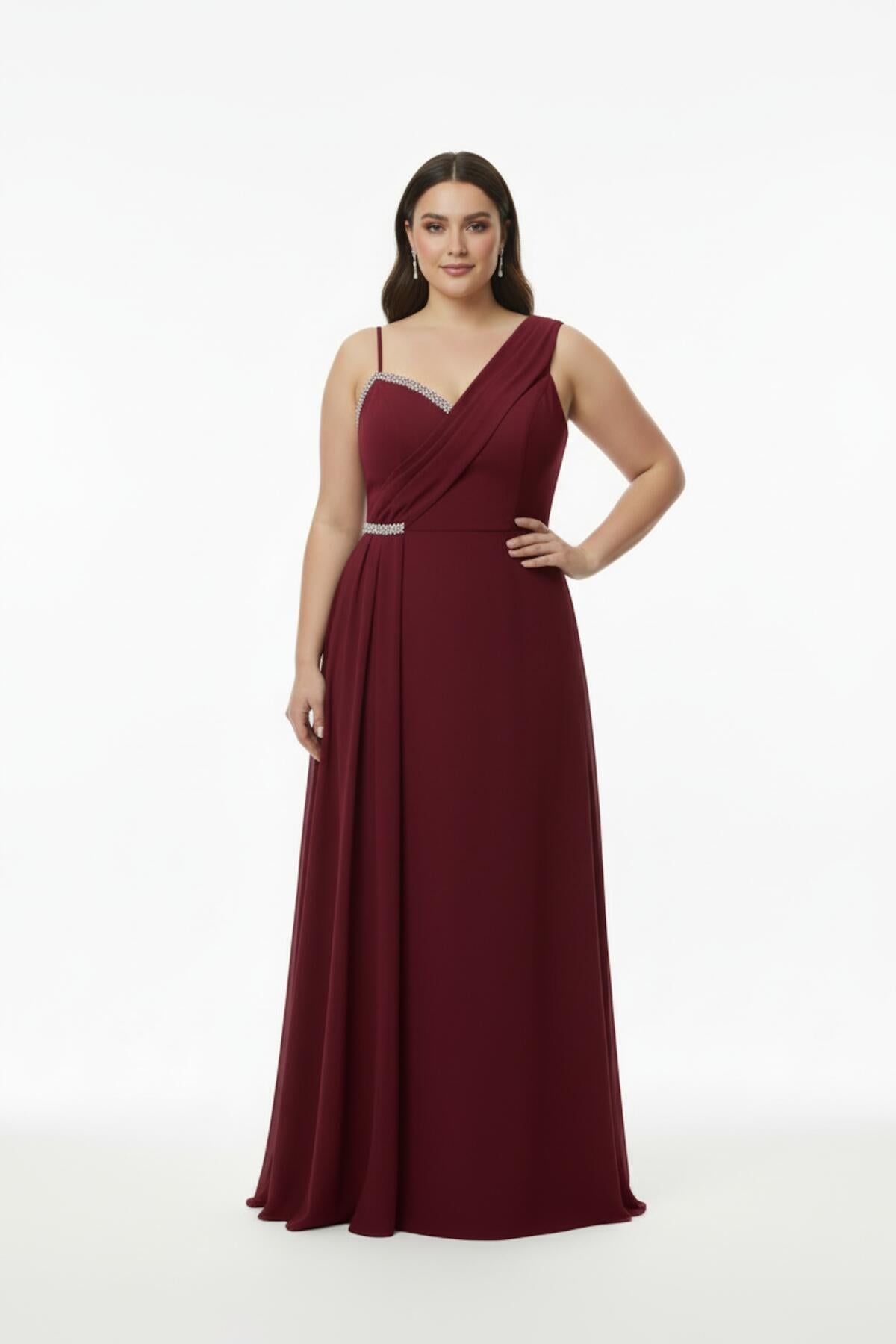 Plus - Size Sleeveless Long Evening Dress, Shaped At Bust And Waist — Burgundy