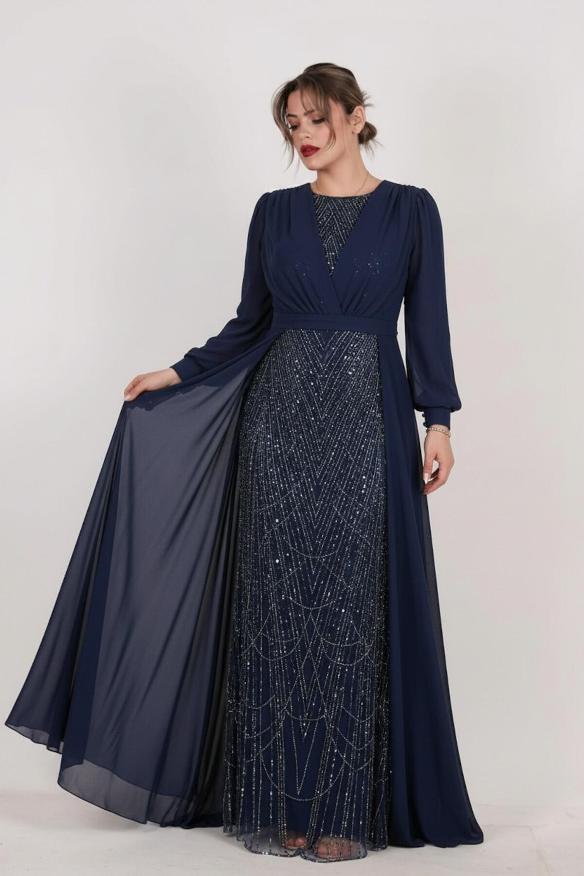 Plus - Size Sequin Evening Dress With Chiffon Sleeves, Navy