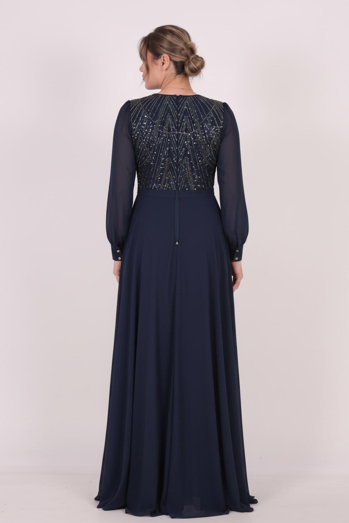 Plus - Size Sequin Evening Dress With Chiffon Sleeves, Navy