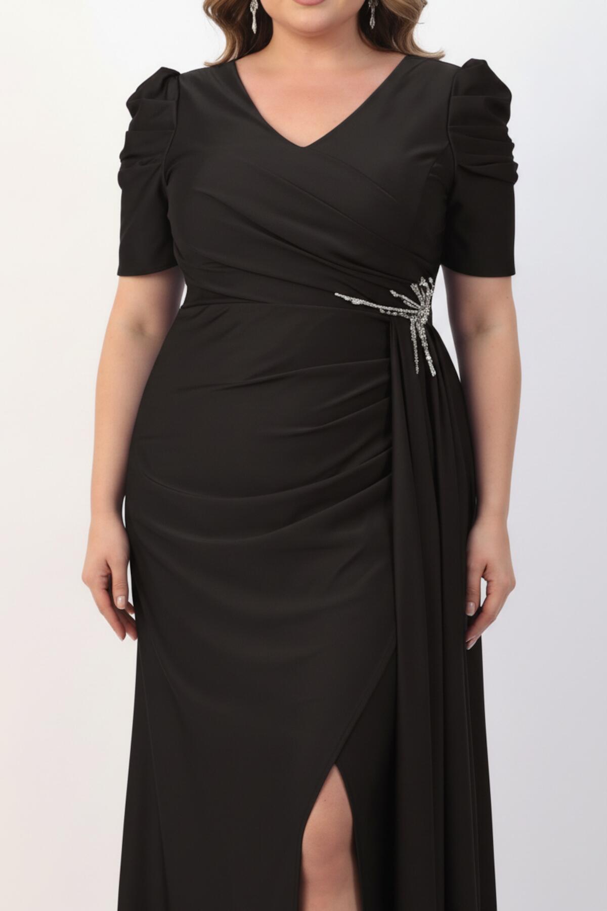 Plus - Size Long Evening Dress With Waist Detail, Short Sleeves — Black