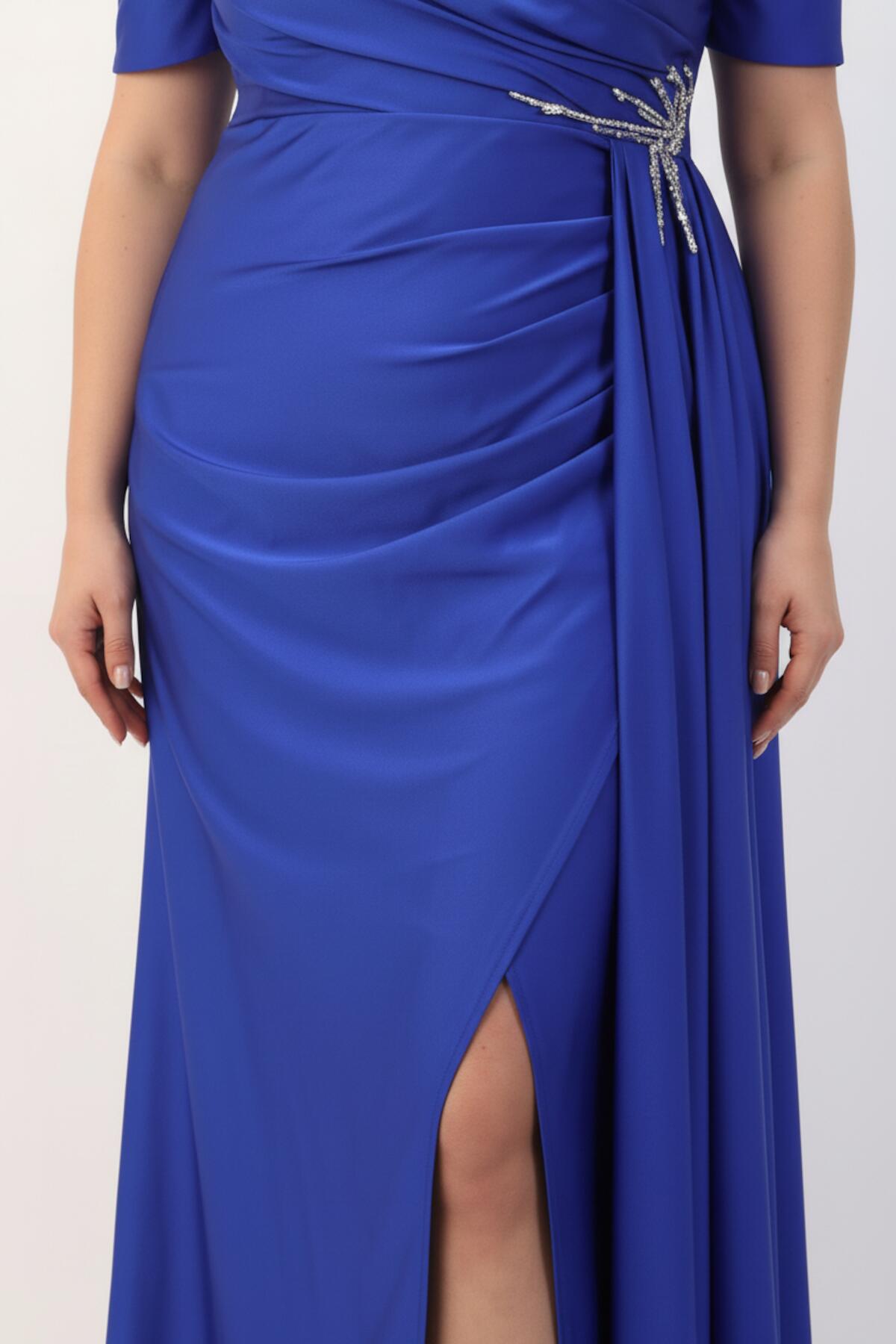 Plus‑Size Long Evening Dress With Waist Detail, Short Sleeves — Indigo