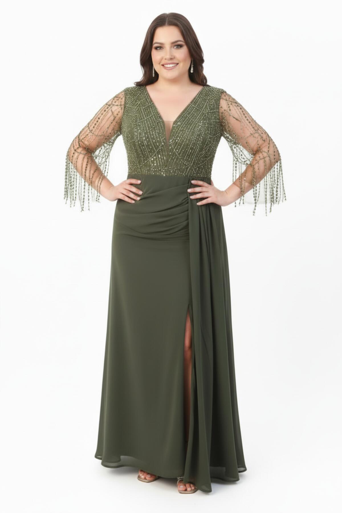 Khaki Plus - Size Chiffon Gown With Sequin & Bead Detail