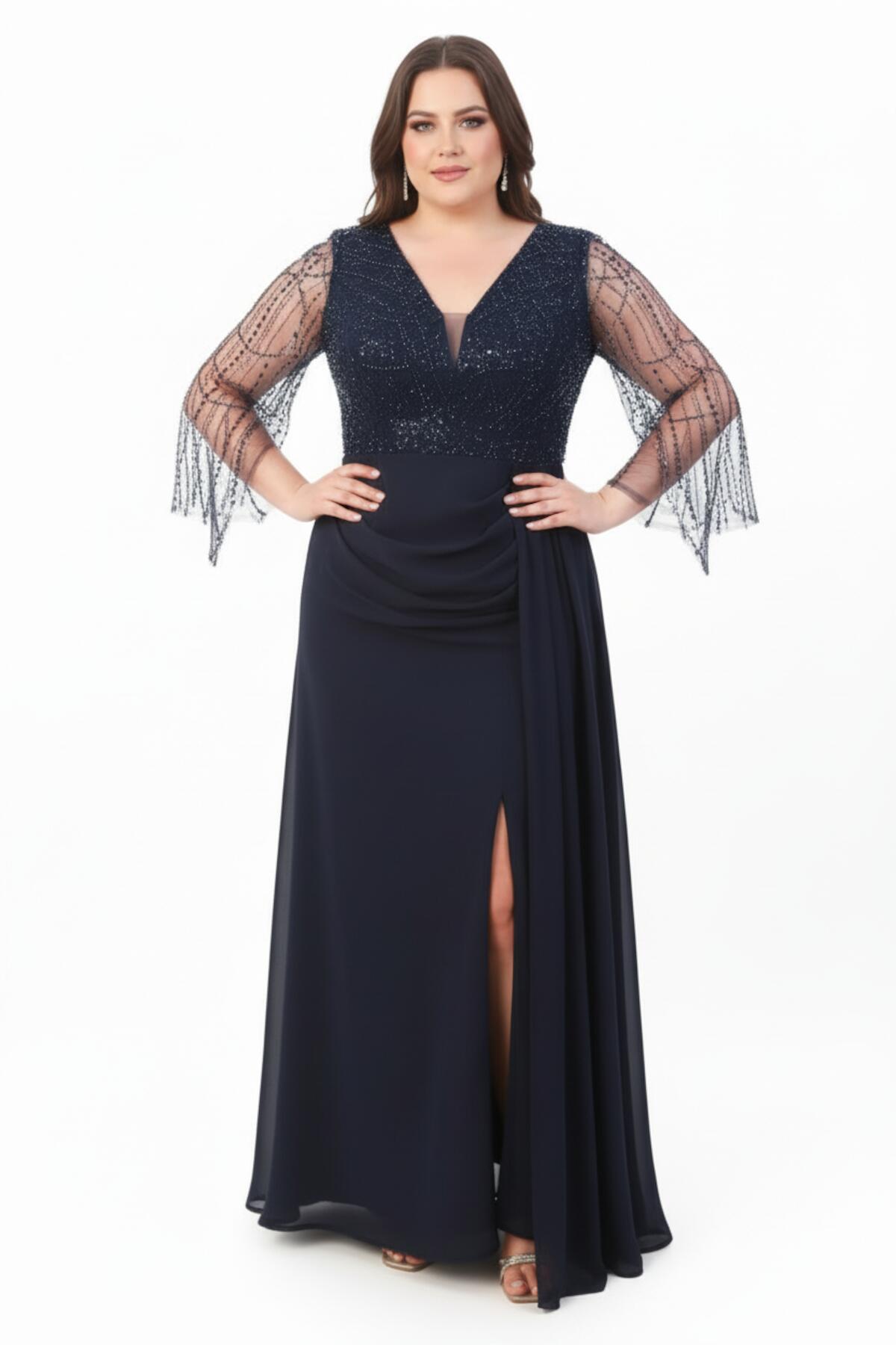 Plus - Size Navy Chiffon Evening Dress With Sequin - And - Bead Bodice