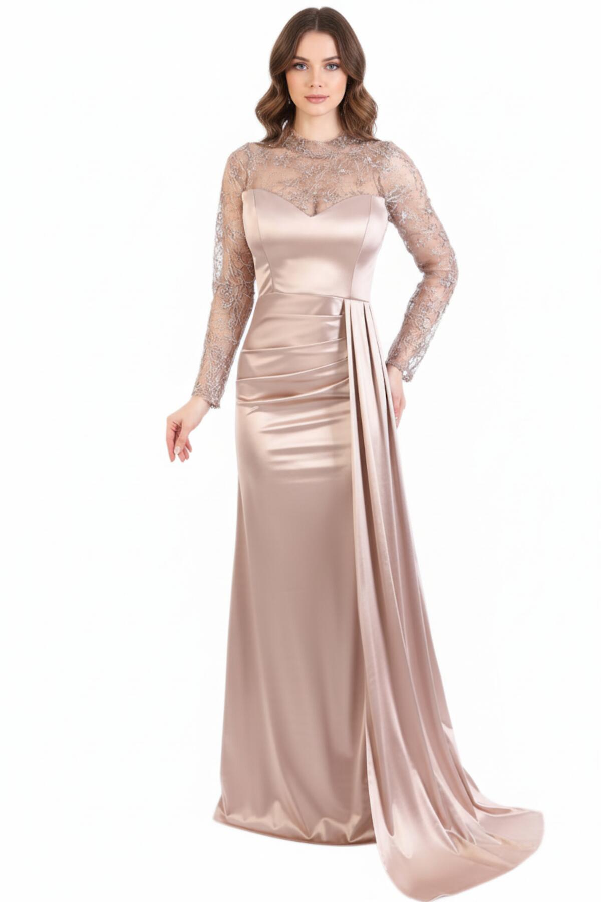 Satin Long Evening Dress With Lace Sleeves — Yellow