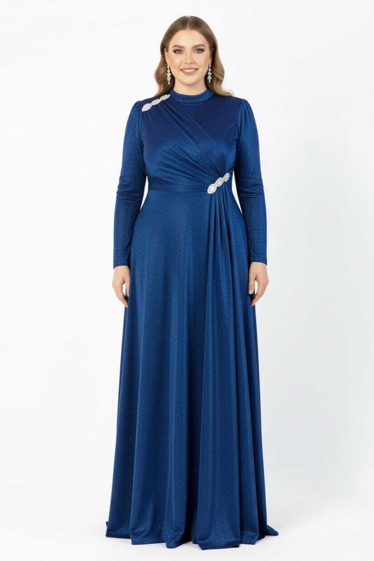 Plus - Size Evening Dress In Royal Blue With Waist & Shoulder Details