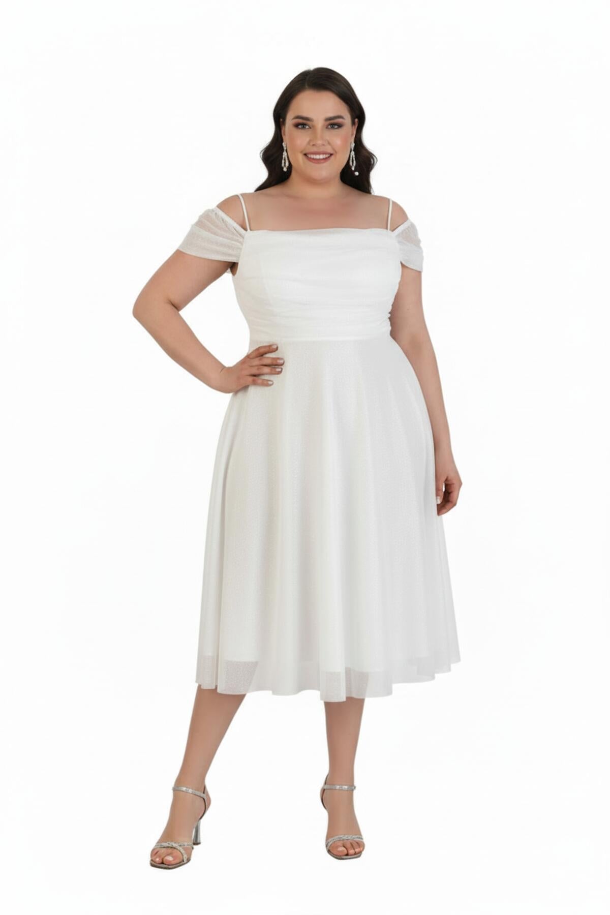 Plus - Size Off - Shoulder Midi Dress, White