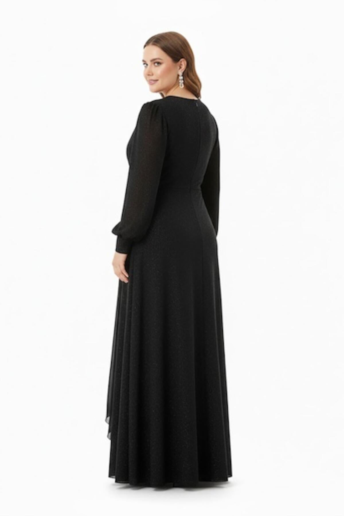 Plus - Size Chiffon Overlay Evening Dress With Waist Detail — Black