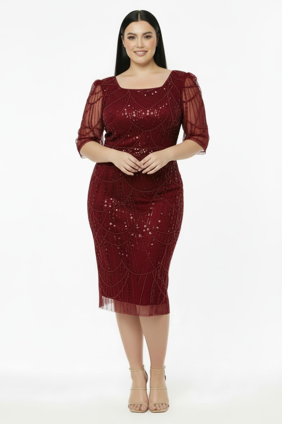 Plus - Size Long - Sleeve Square - Neck Sequin And Beaded Dress — Burgundy