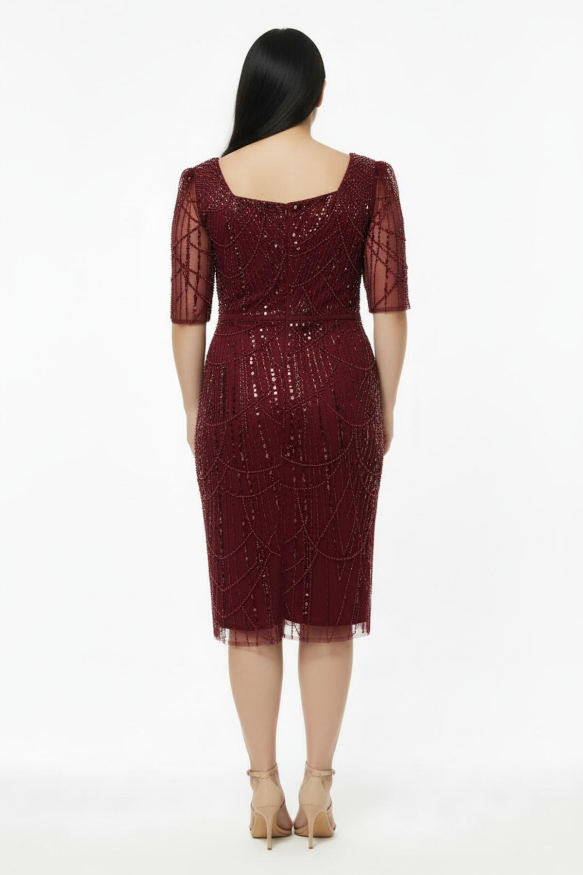 Plus - Size Long - Sleeve Square - Neck Sequin And Beaded Dress — Burgundy