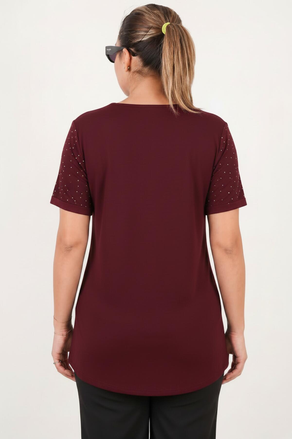 Plus - Size Boat - Neck Blouse With Stone Detail — Burgundy
