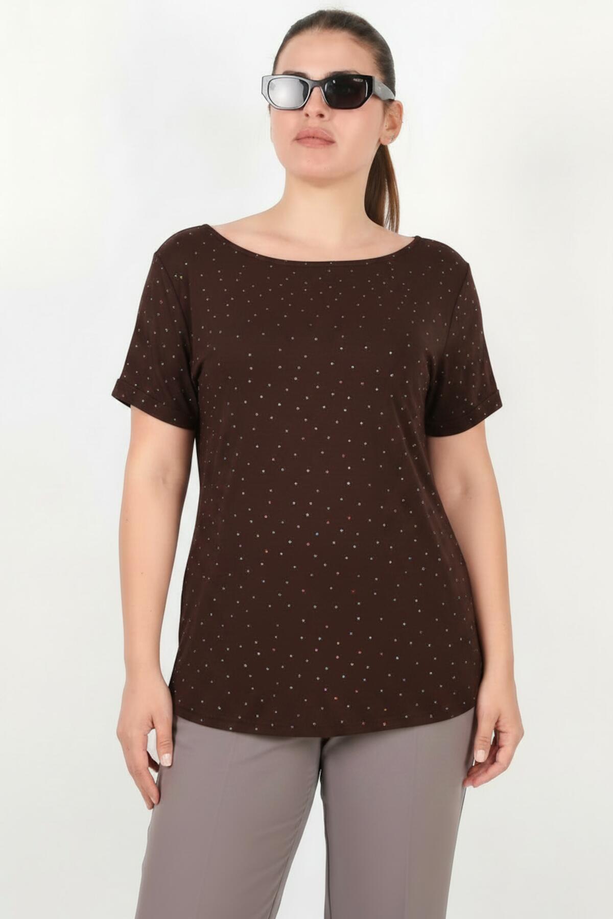 Plus - Size Boat - Neck Blouse With Silver Stones — Brown