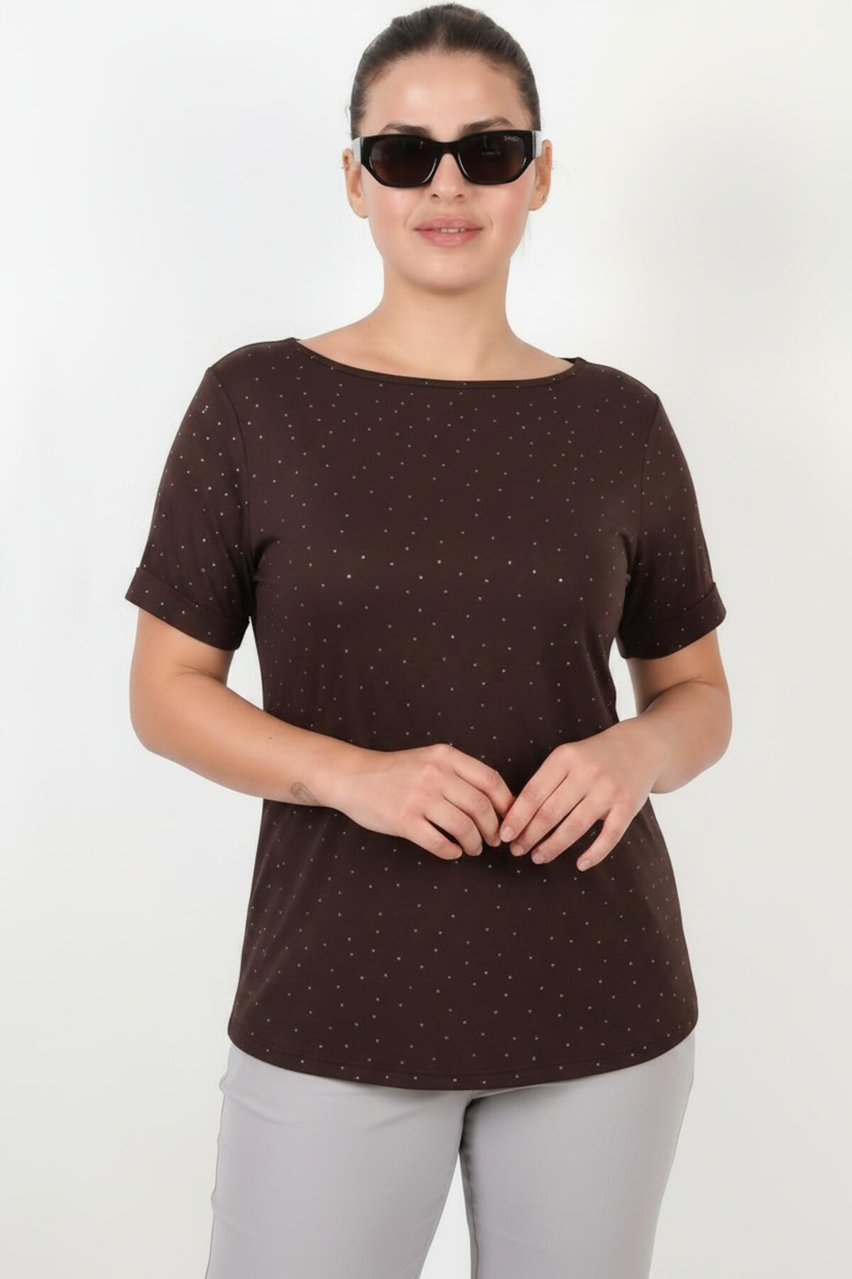 Plus - Size Boat - Neck Blouse With Silver Stones — Brown
