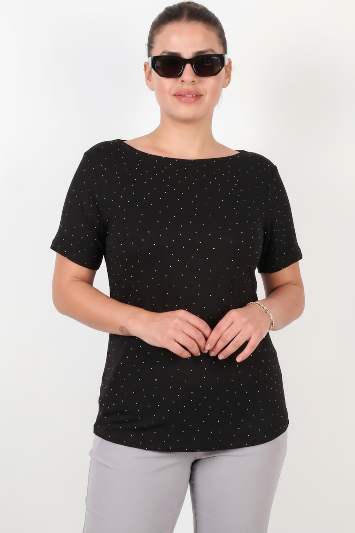 Plus‑Size Boat‑Neck Blouse With Silver Stones, Black