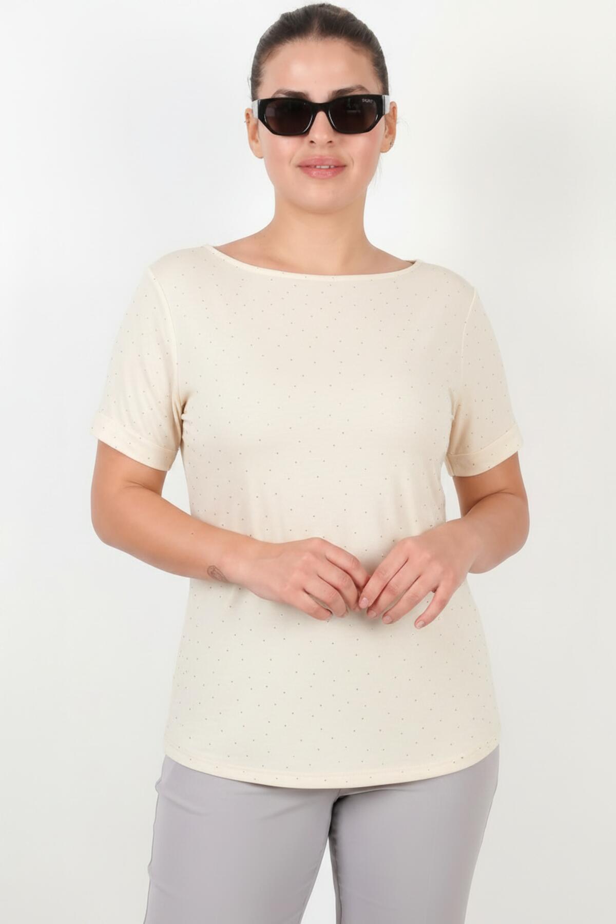 Plus - Size Boat - Neck Blouse With Mini Silver Stones — Off - White