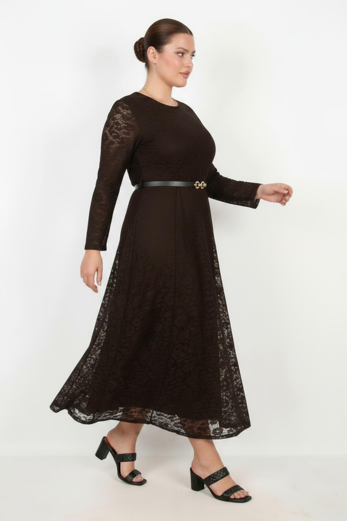 Brown Lace Long - Sleeve Dress — Plus Size