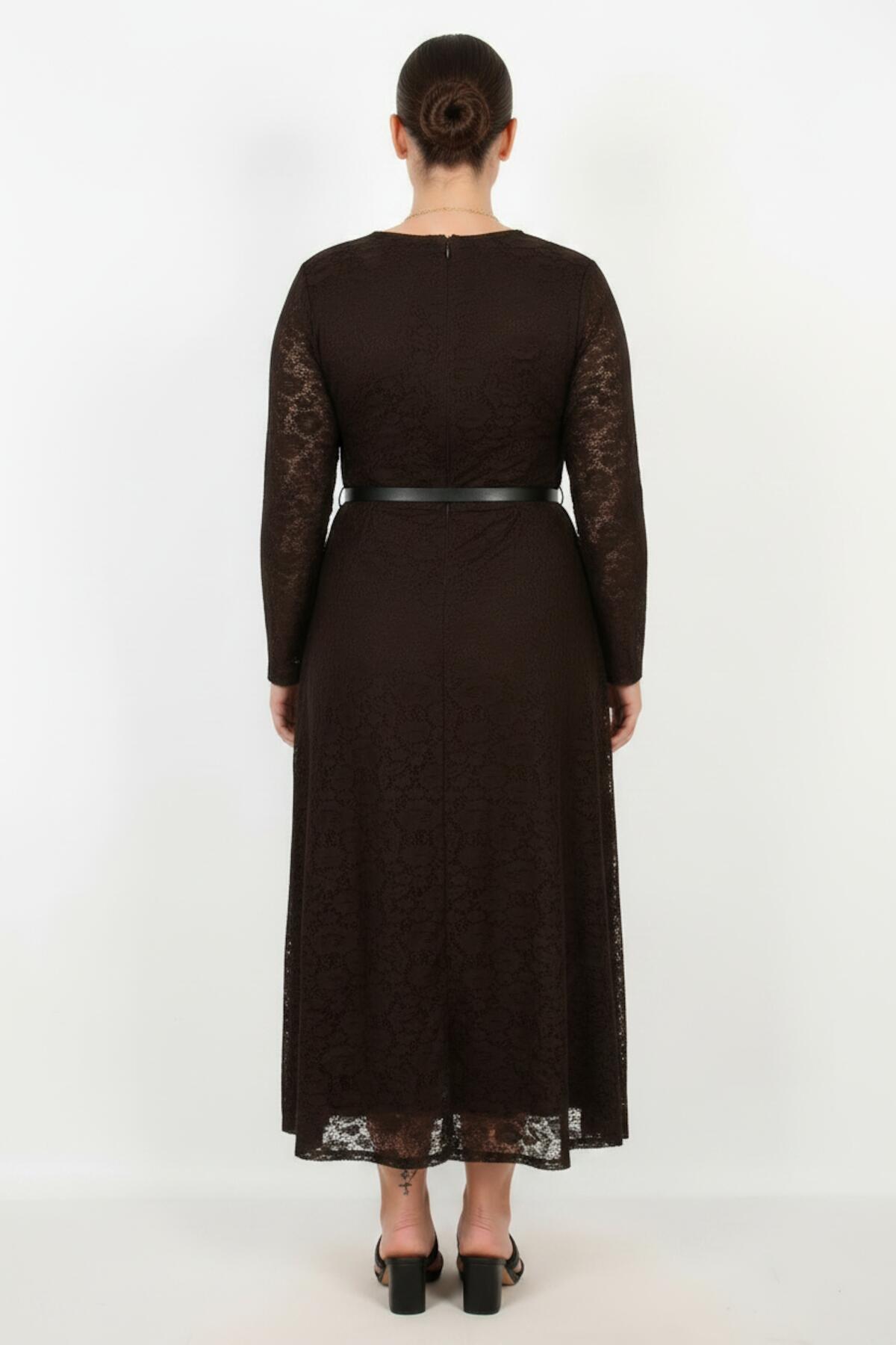 Brown Lace Long - Sleeve Dress — Plus Size