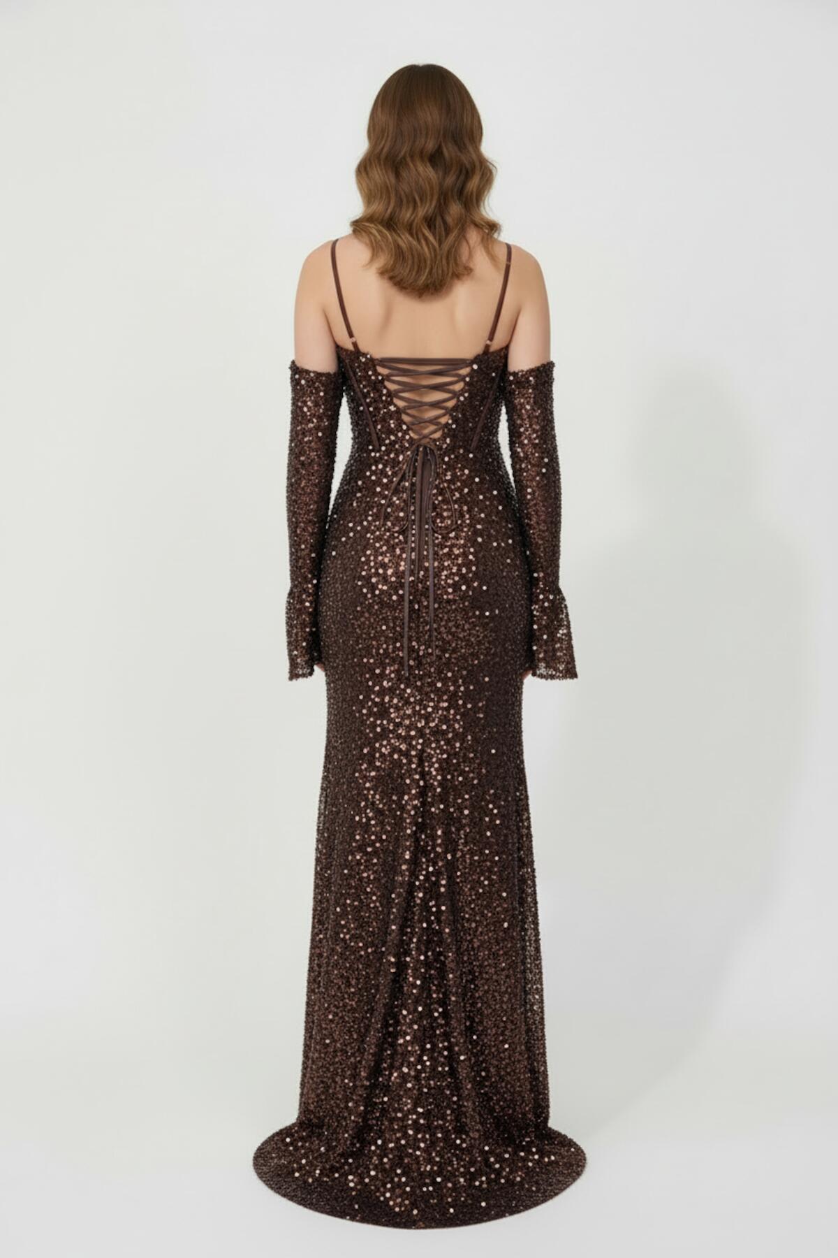 Long Sequin Evening Dress With Panelled Sleeves — Brown