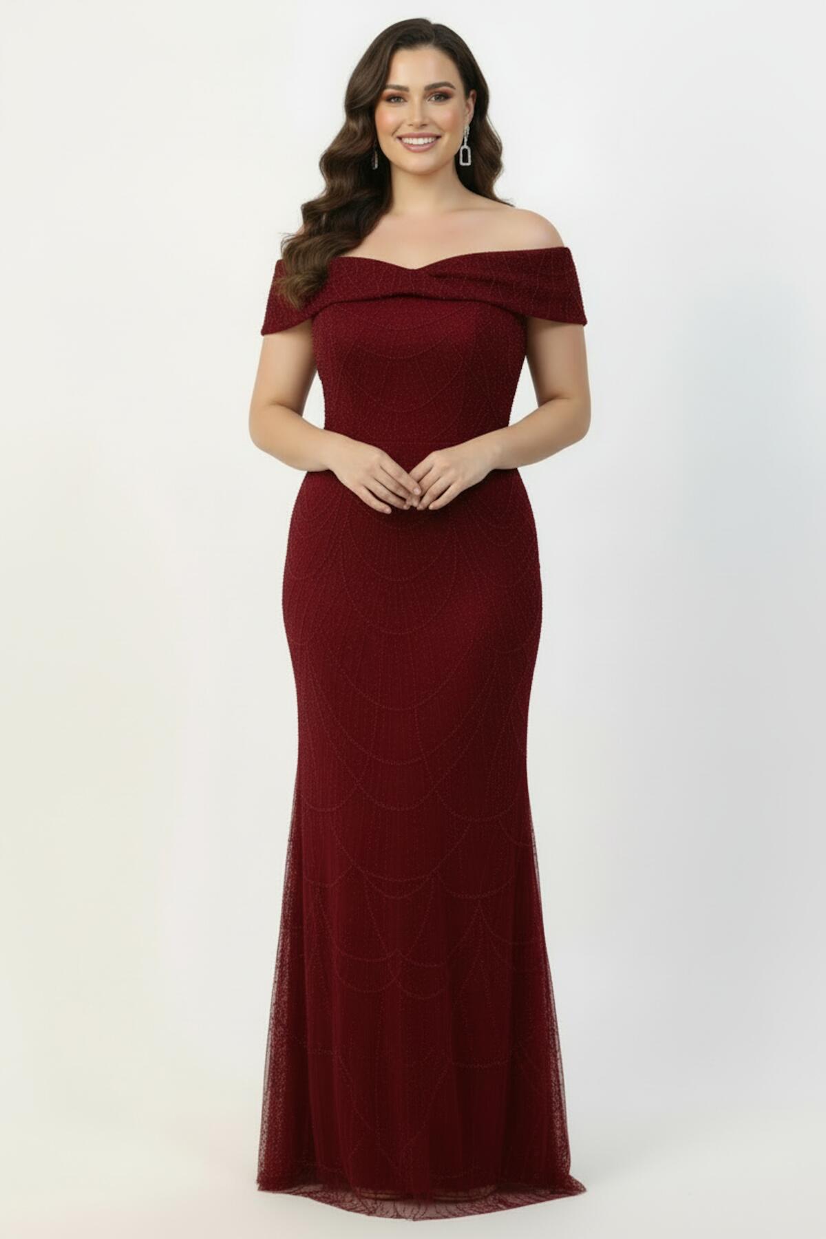 Plus - Size Long Evening Dress With Beaded Sequin Neckline — Burgundy