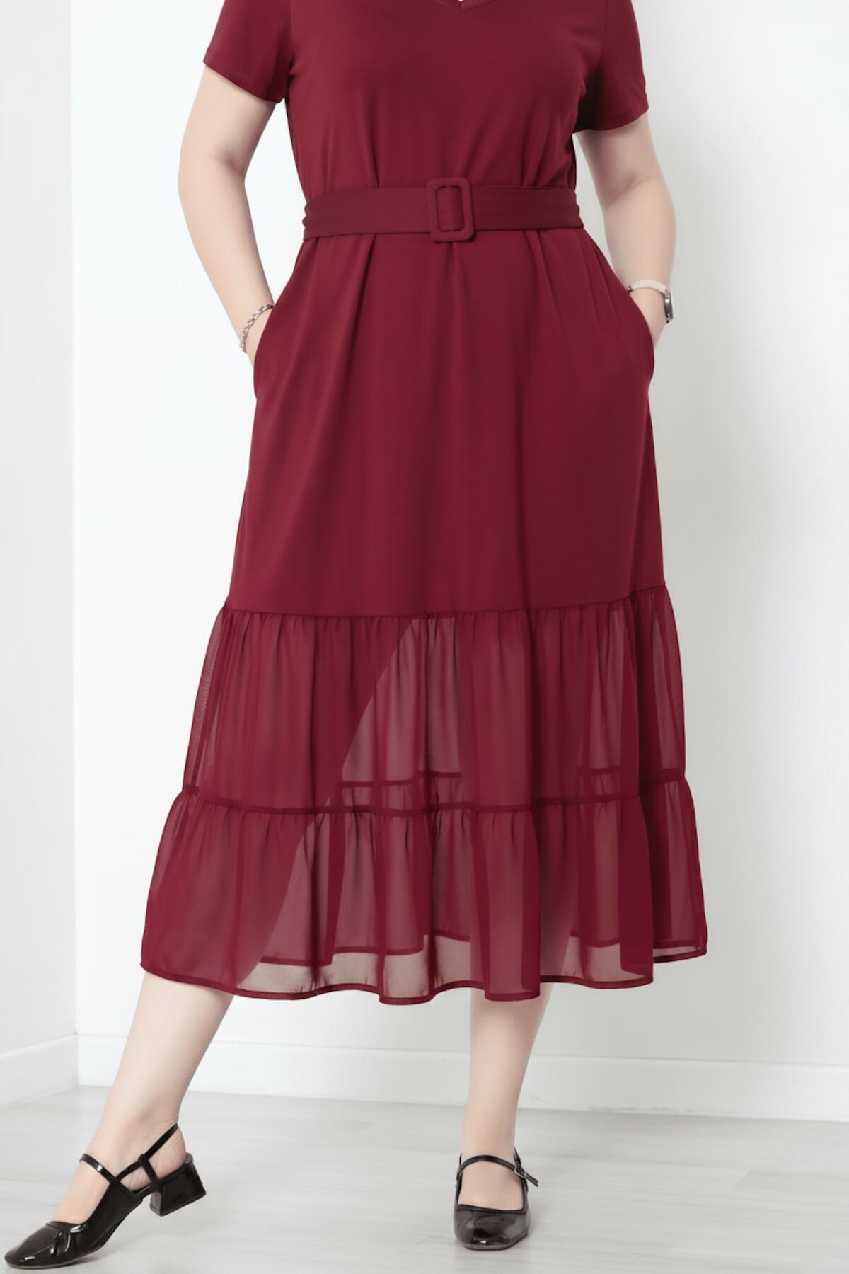 Plus - Size V - Neck Long Dress With Layered Tulle Hem — Burgundy
