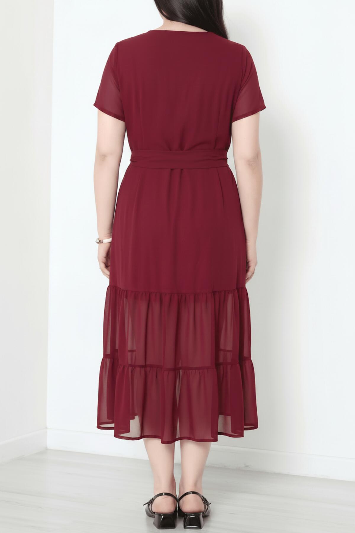 Plus - Size V - Neck Long Dress With Layered Tulle Hem — Burgundy