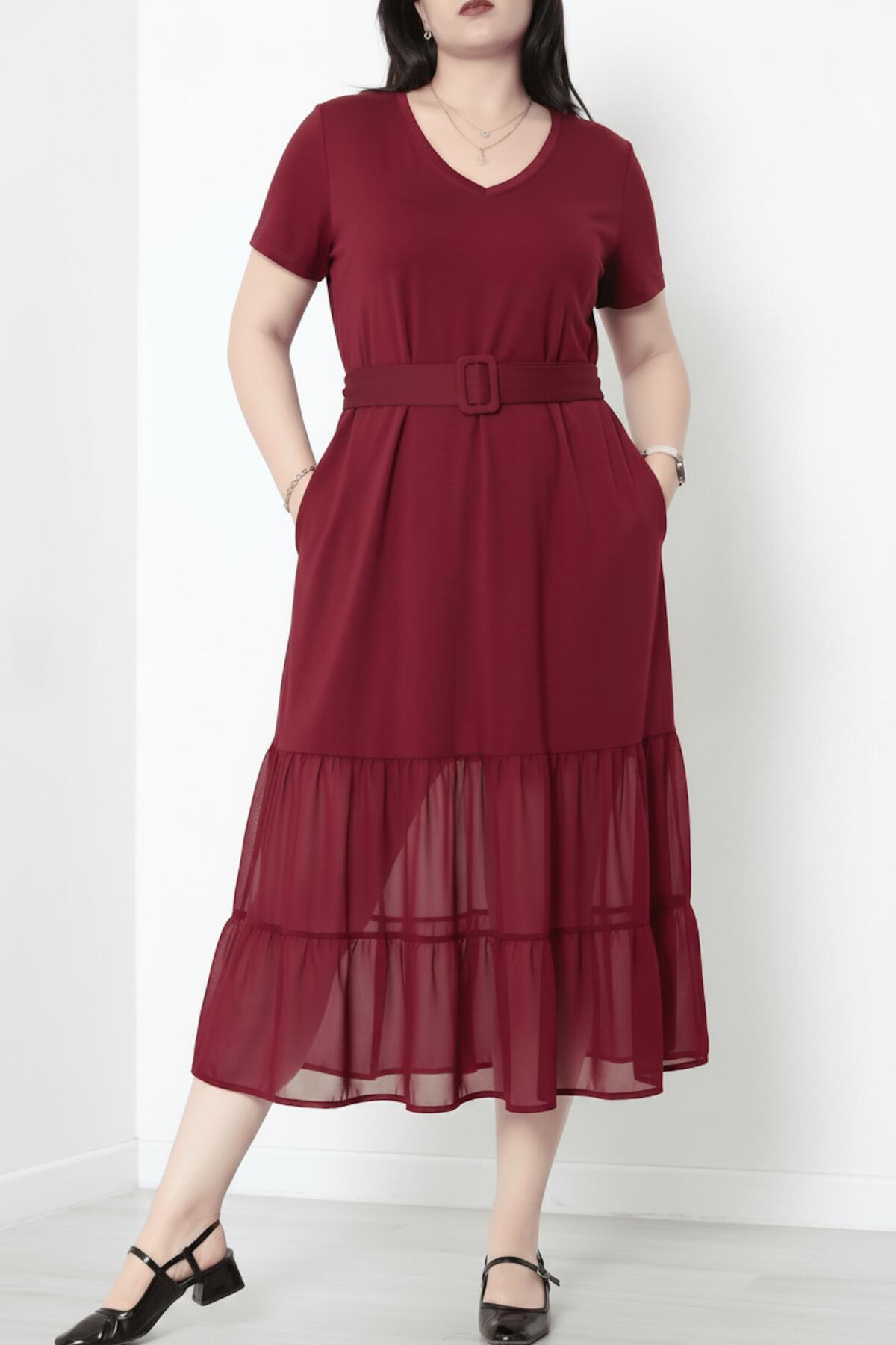 Plus - Size V - Neck Long Dress With Layered Tulle Hem — Burgundy