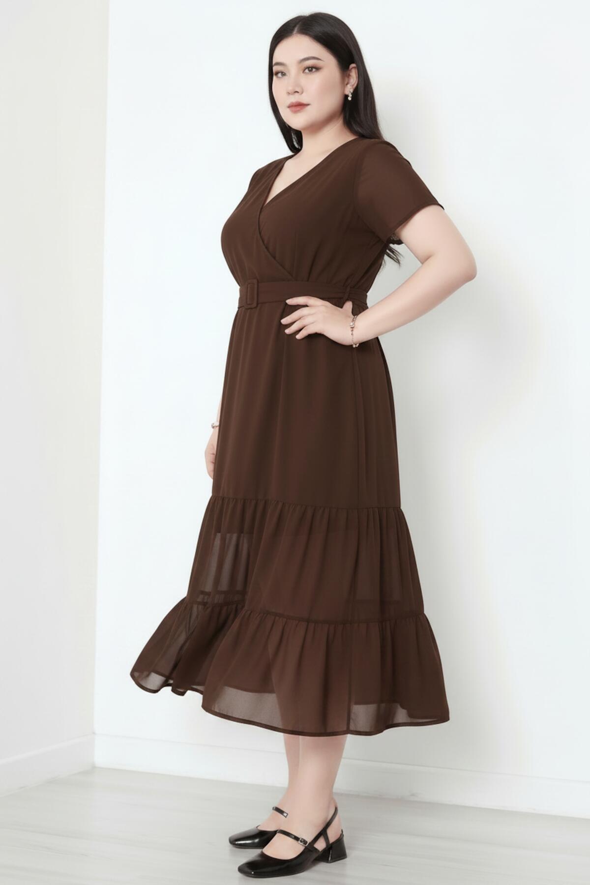 Plus - Size V - Neck Maxi Dress With Layered Tulle Hem, Brown