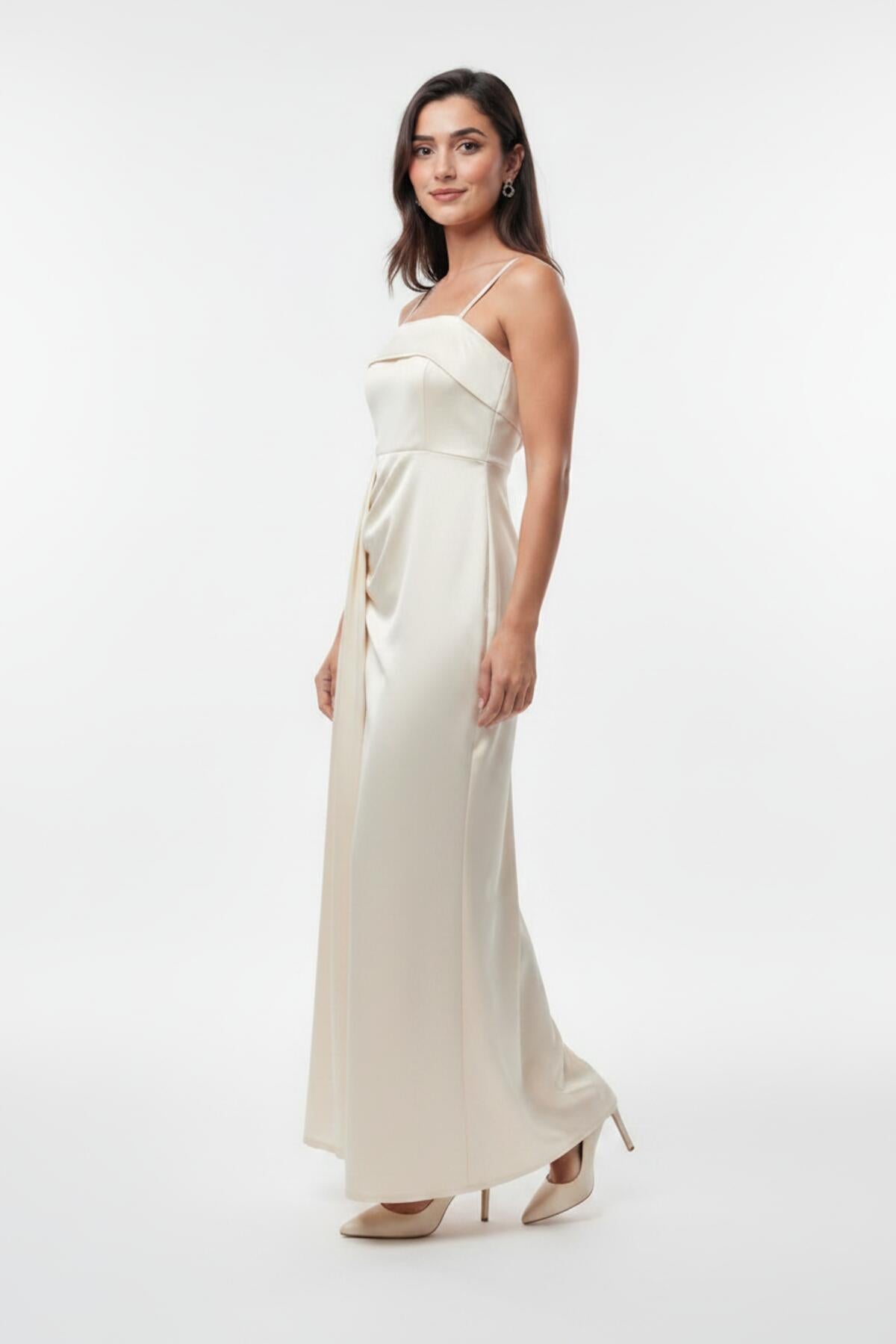 Pleated Sleeveless Long Evening Dress — Off - White