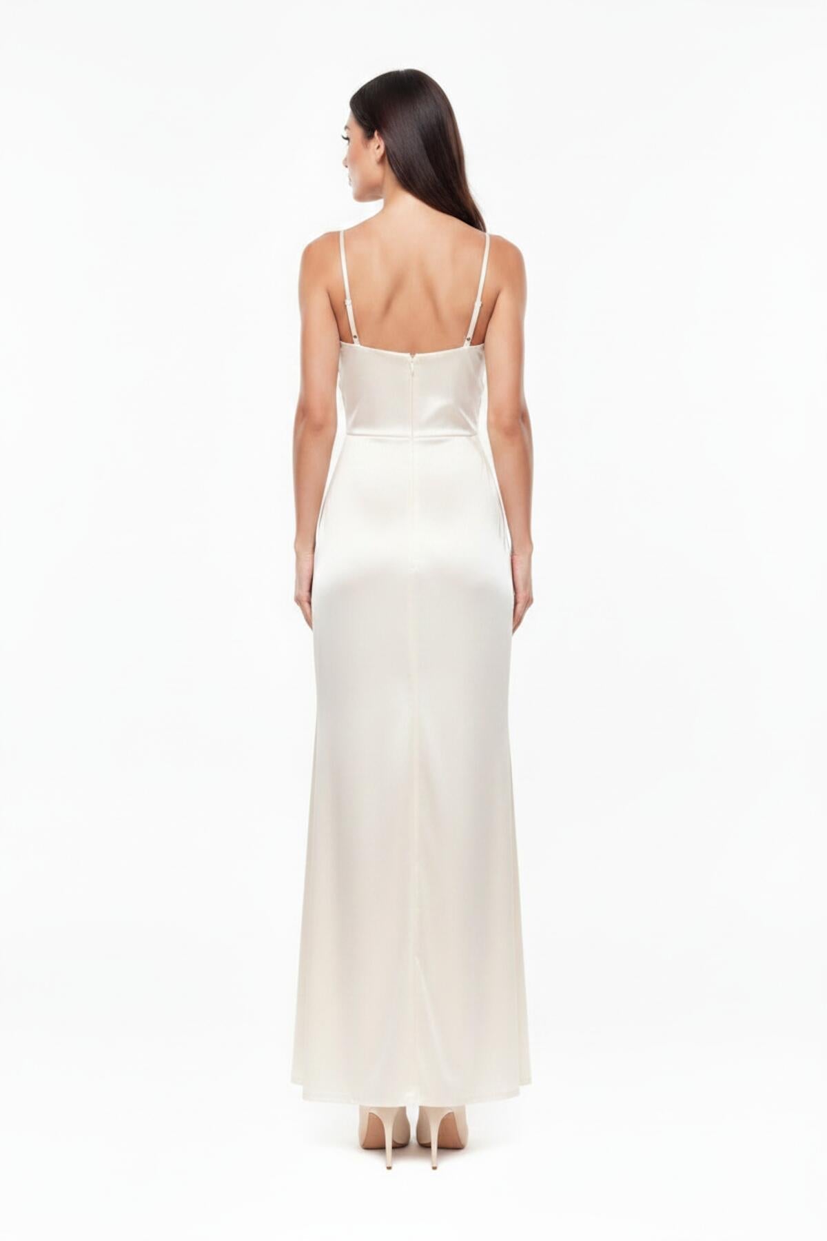 Pleated Sleeveless Long Evening Dress — Off - White