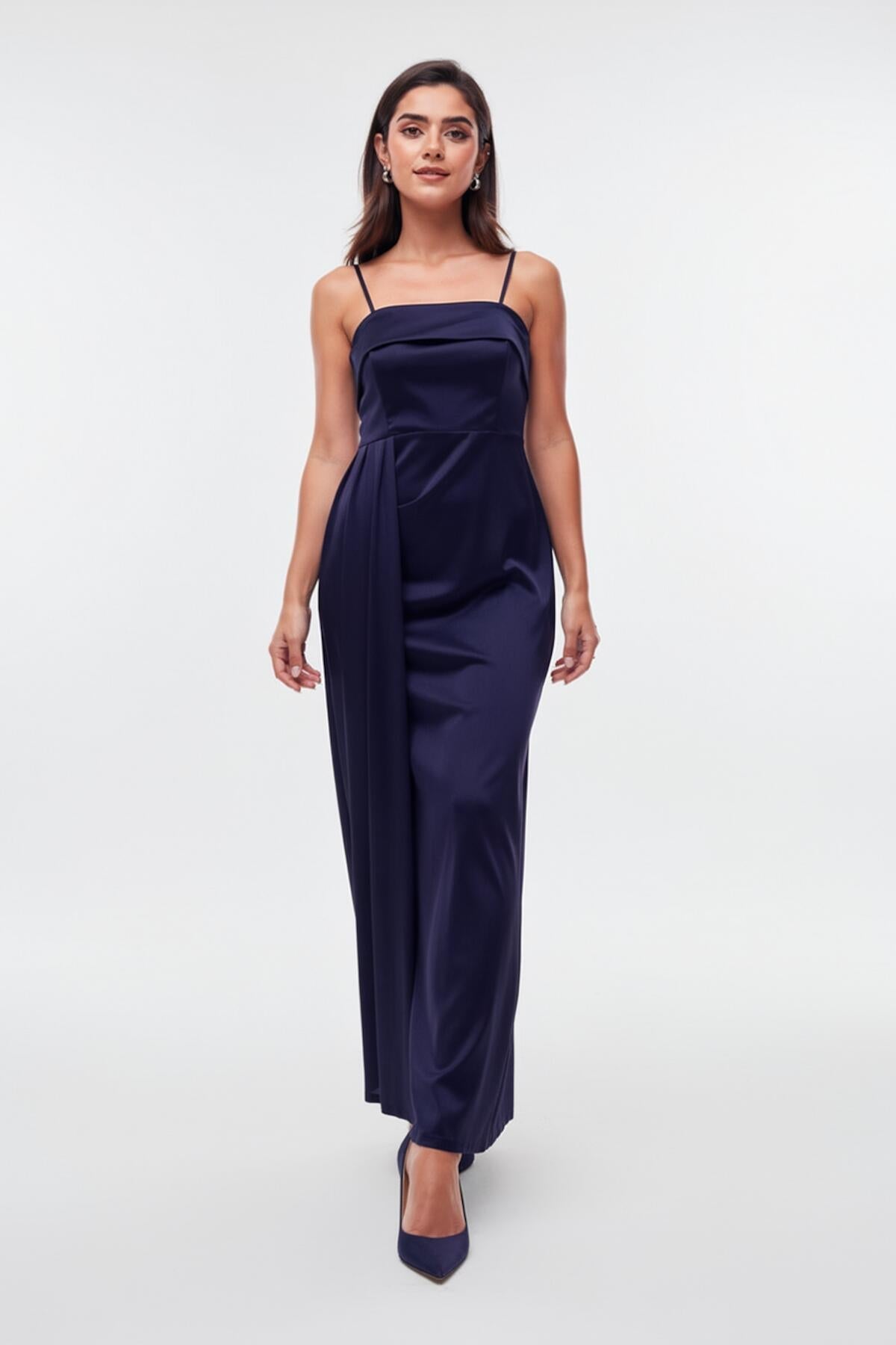 Pleated Sleeveless Long Evening Dress — Navy