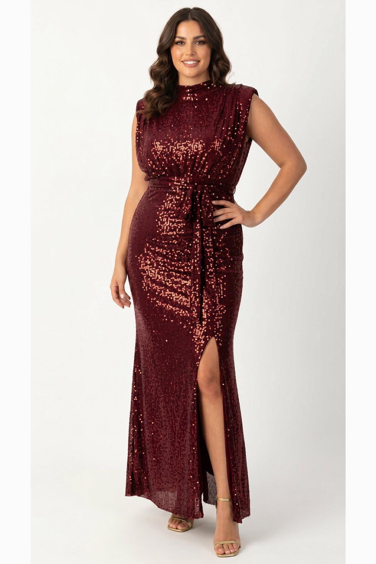 Plus‑Size Sleeveless Sequin Gown — Burgundy