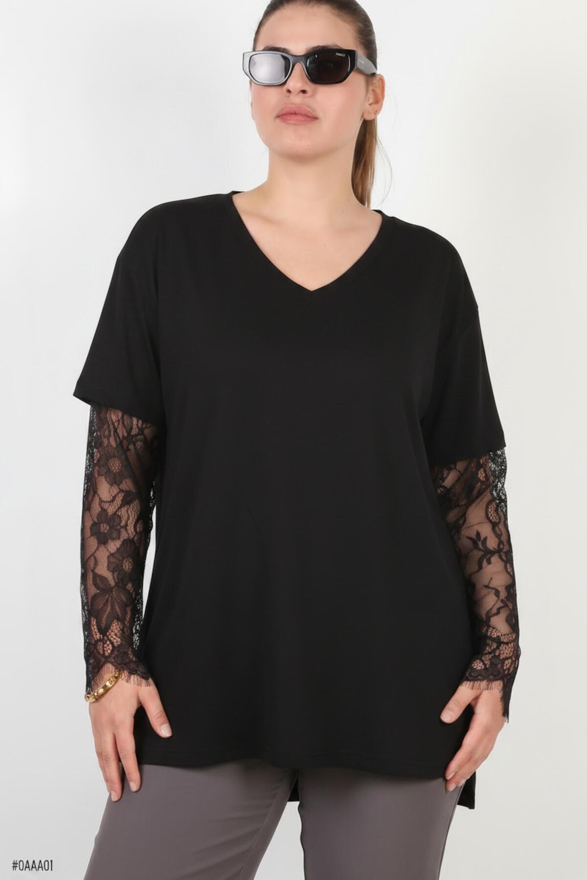 Plus - Size Lace - Sleeve Blouse — Black