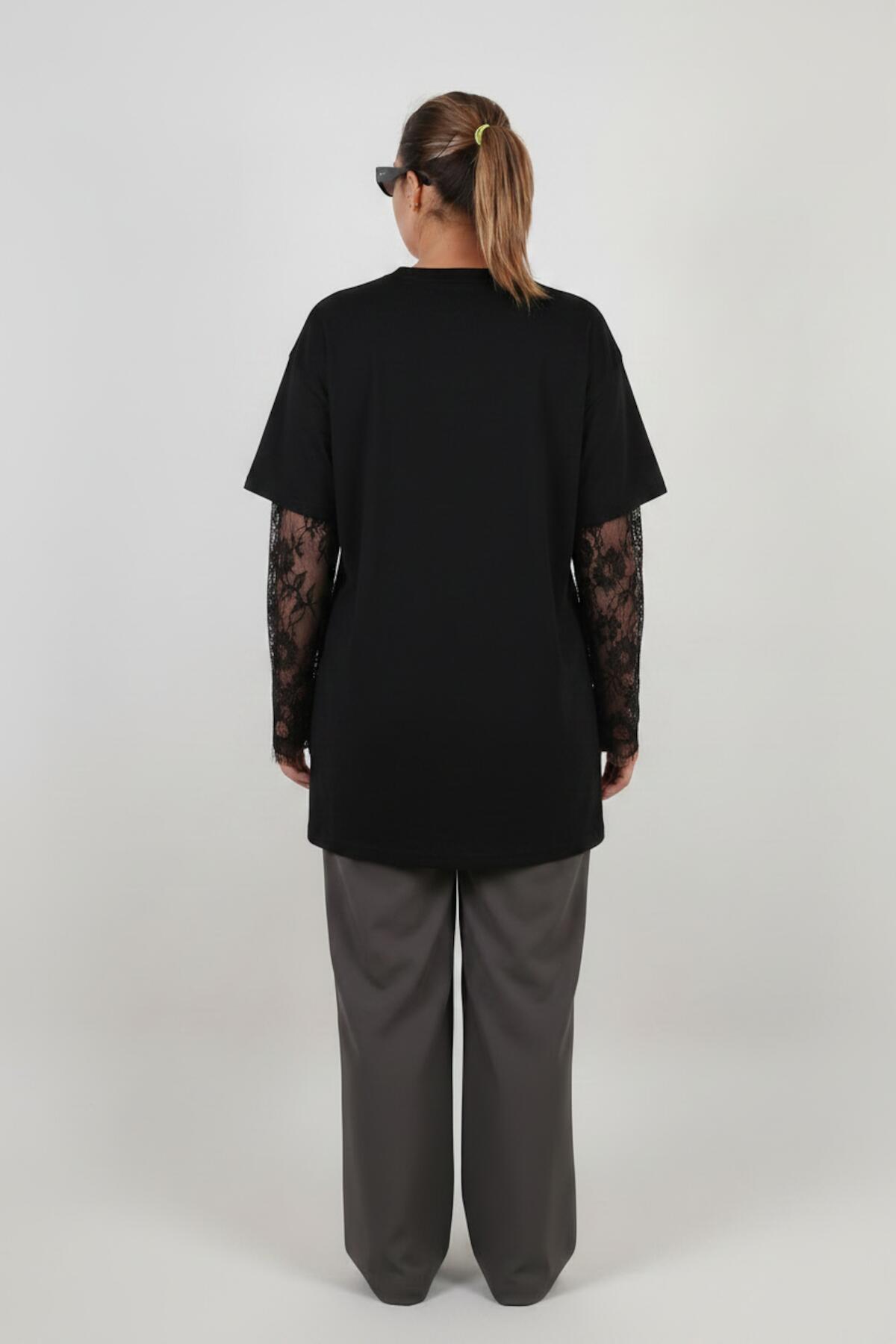 Plus - Size Lace - Sleeve Blouse — Black