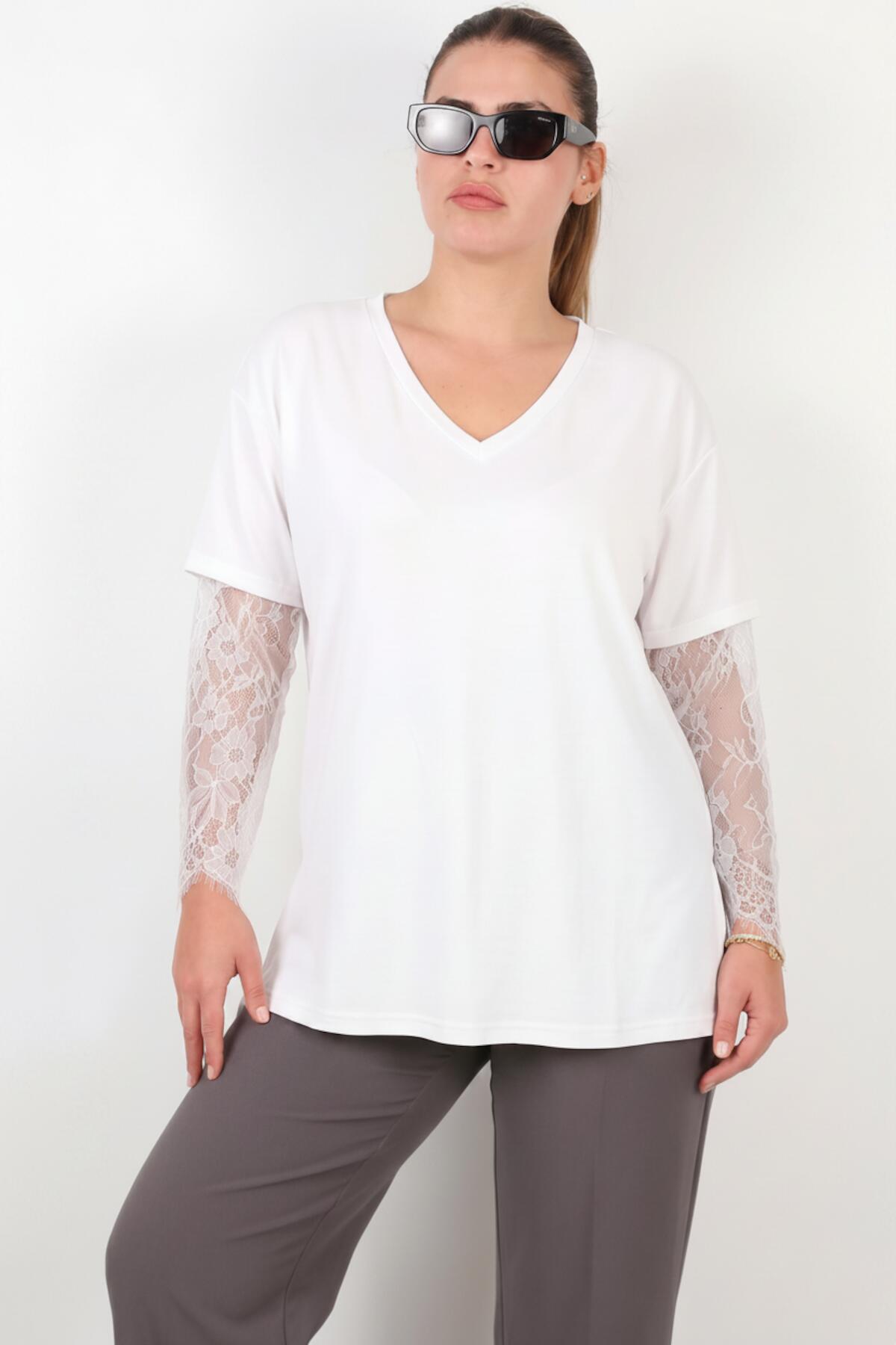 Plus - Size V - Neck Blouse With Lace Sleeves — White
