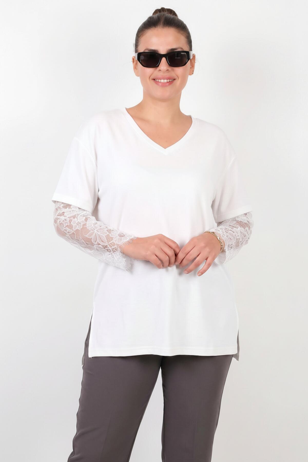 Plus - Size V - Neck Blouse With Lace Sleeves — White