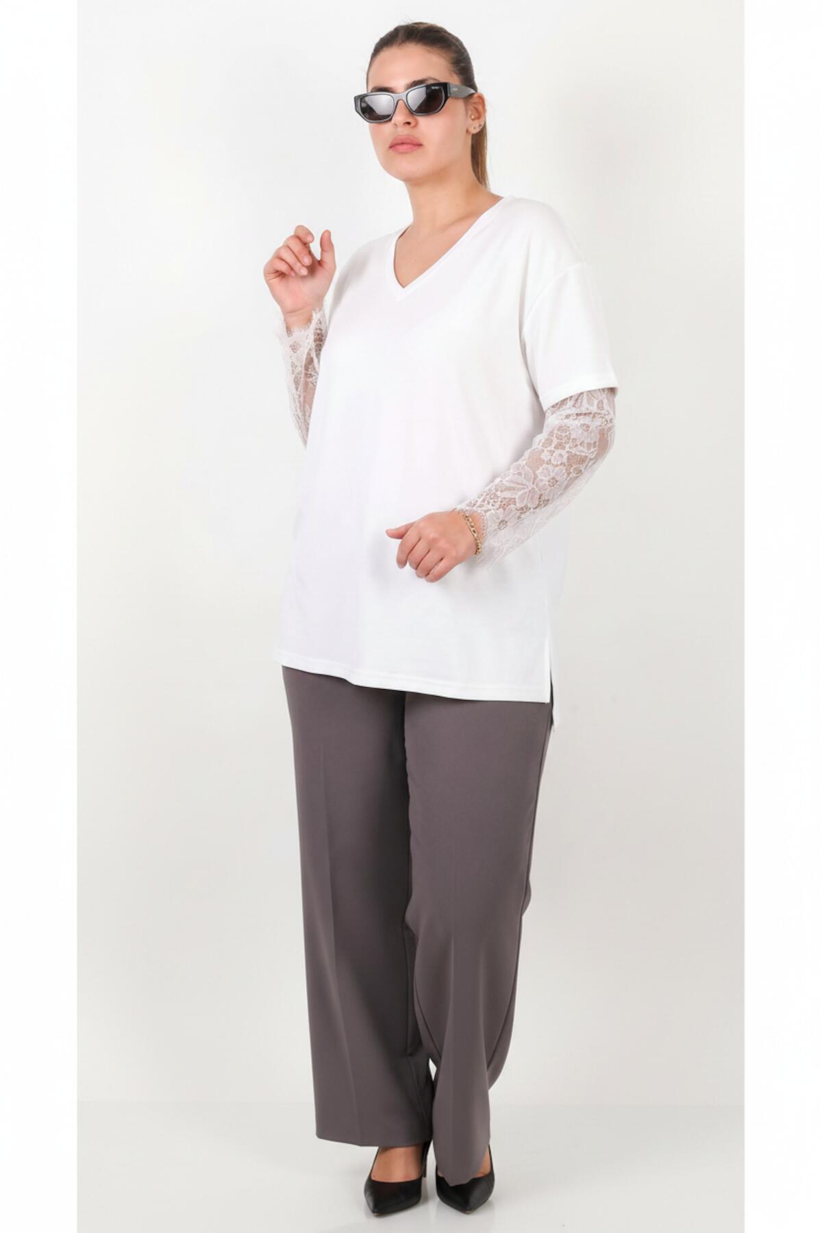 Plus - Size V - Neck Blouse With Lace Sleeves — White