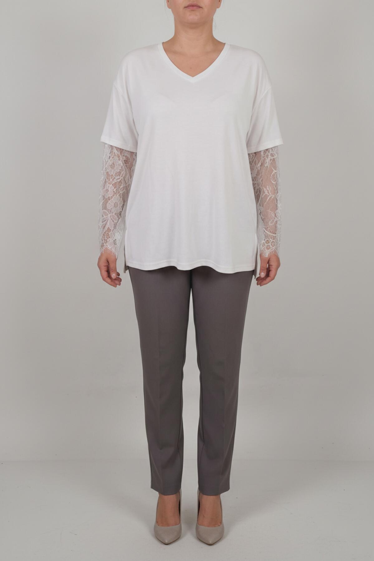 Plus - Size V - Neck Blouse With Lace Sleeves — White