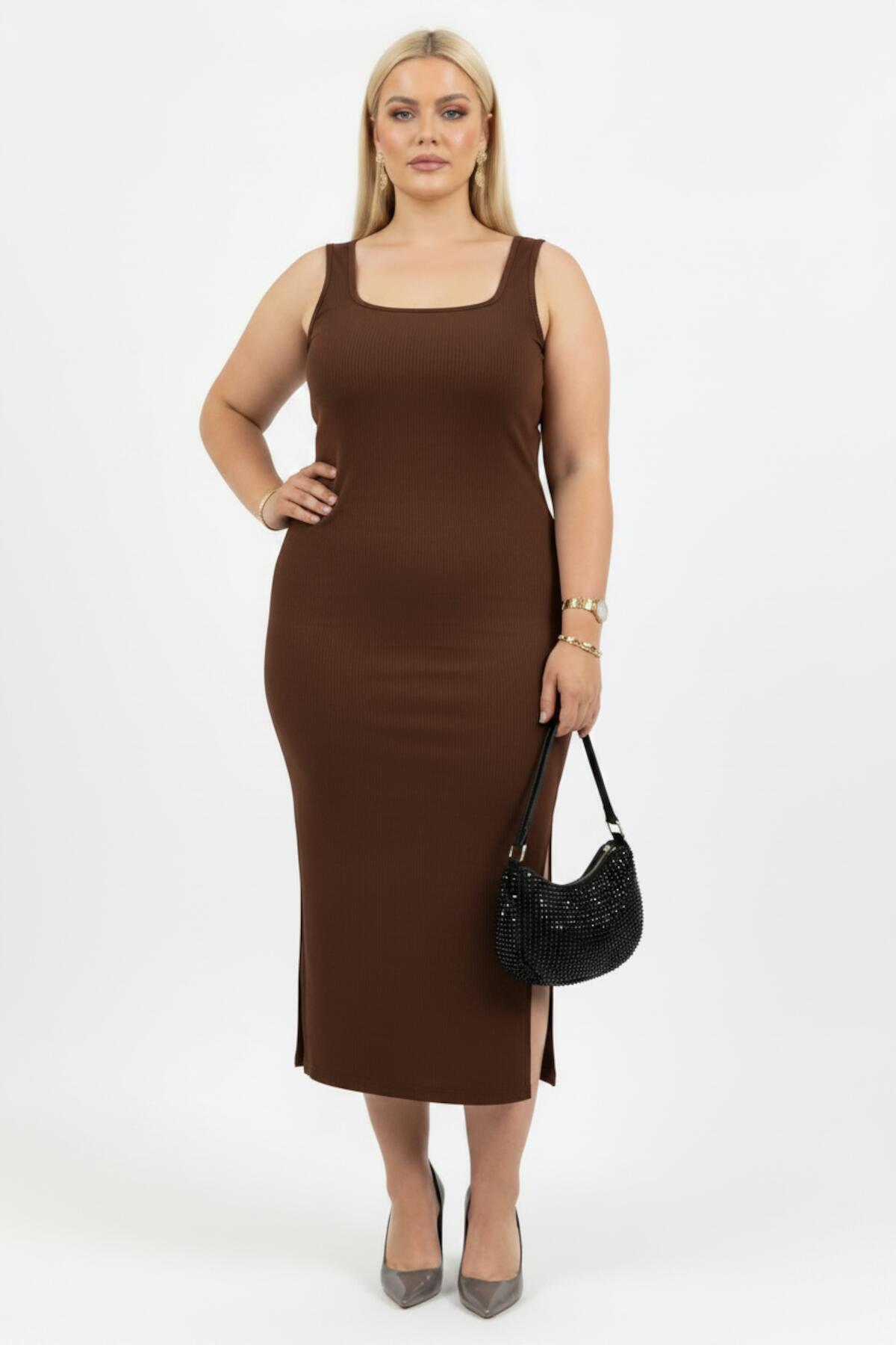 Plus - Size Sleeveless Square - Neck Dress - Brown