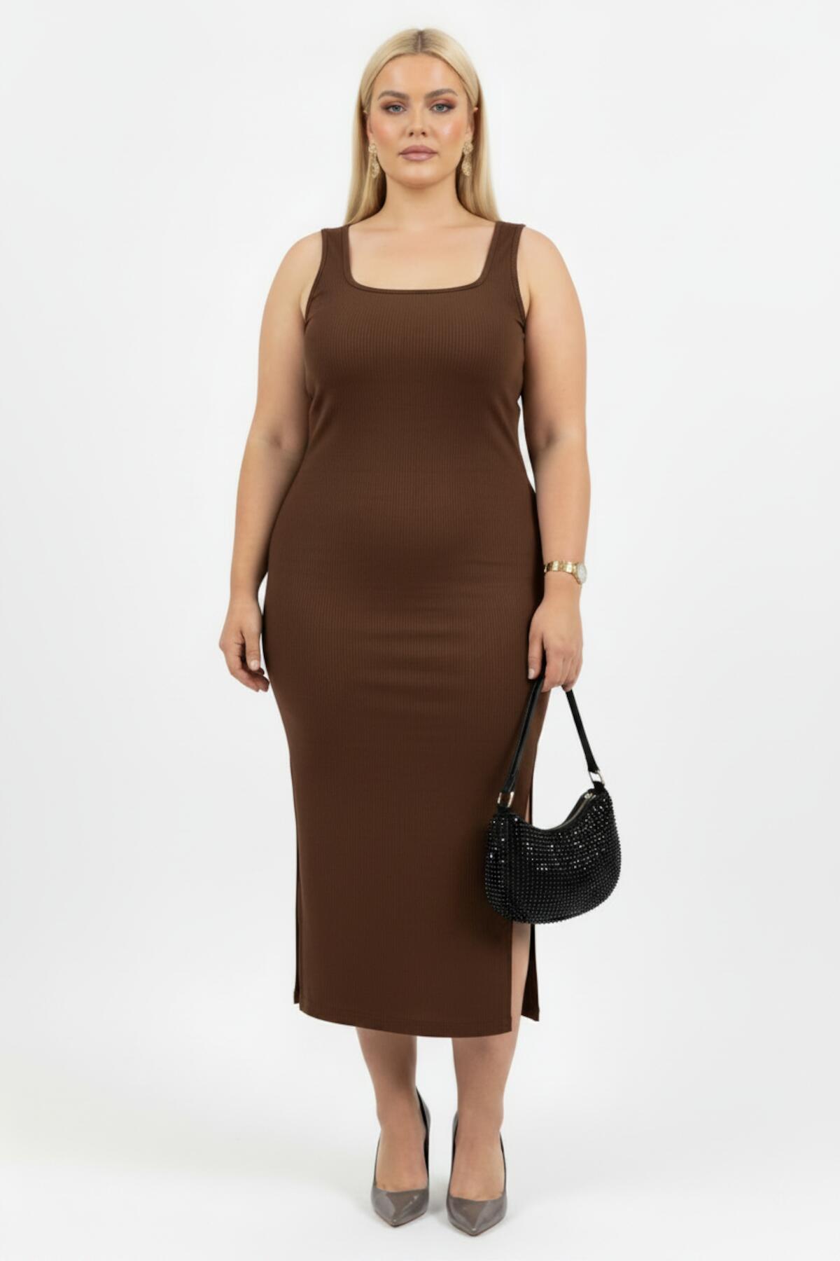 Plus - Size Sleeveless Square - Neck Dress - Brown