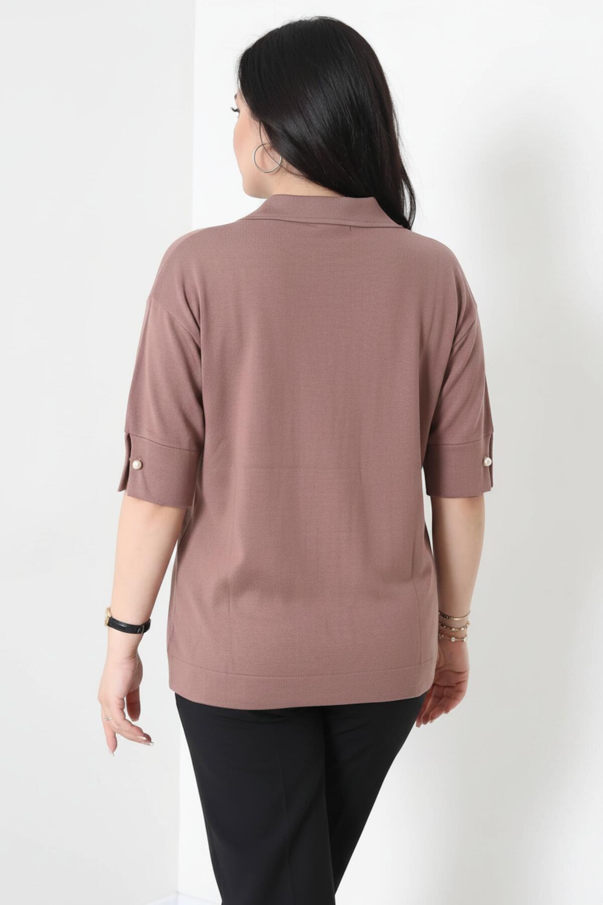 Plus - Size Pearl - Collar Blouse — Taupe