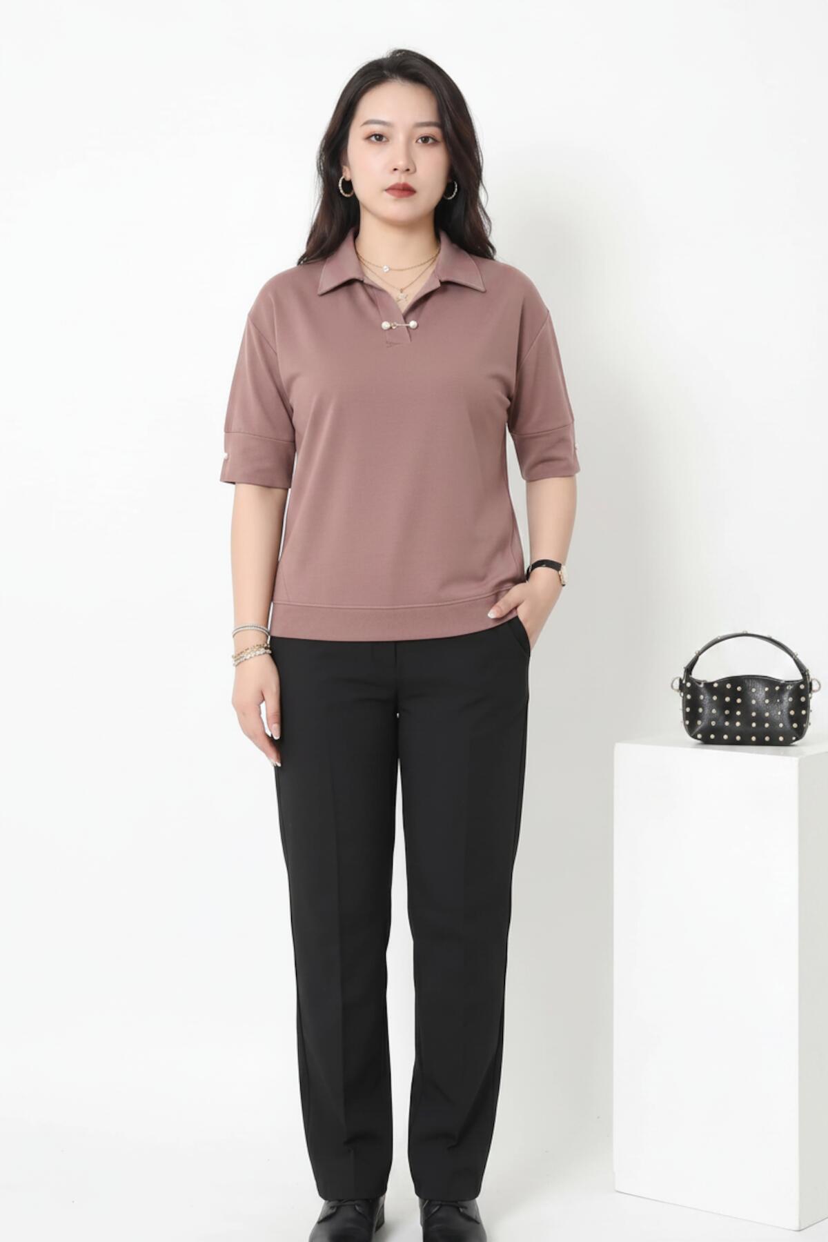 Plus - Size Pearl - Collar Blouse — Taupe