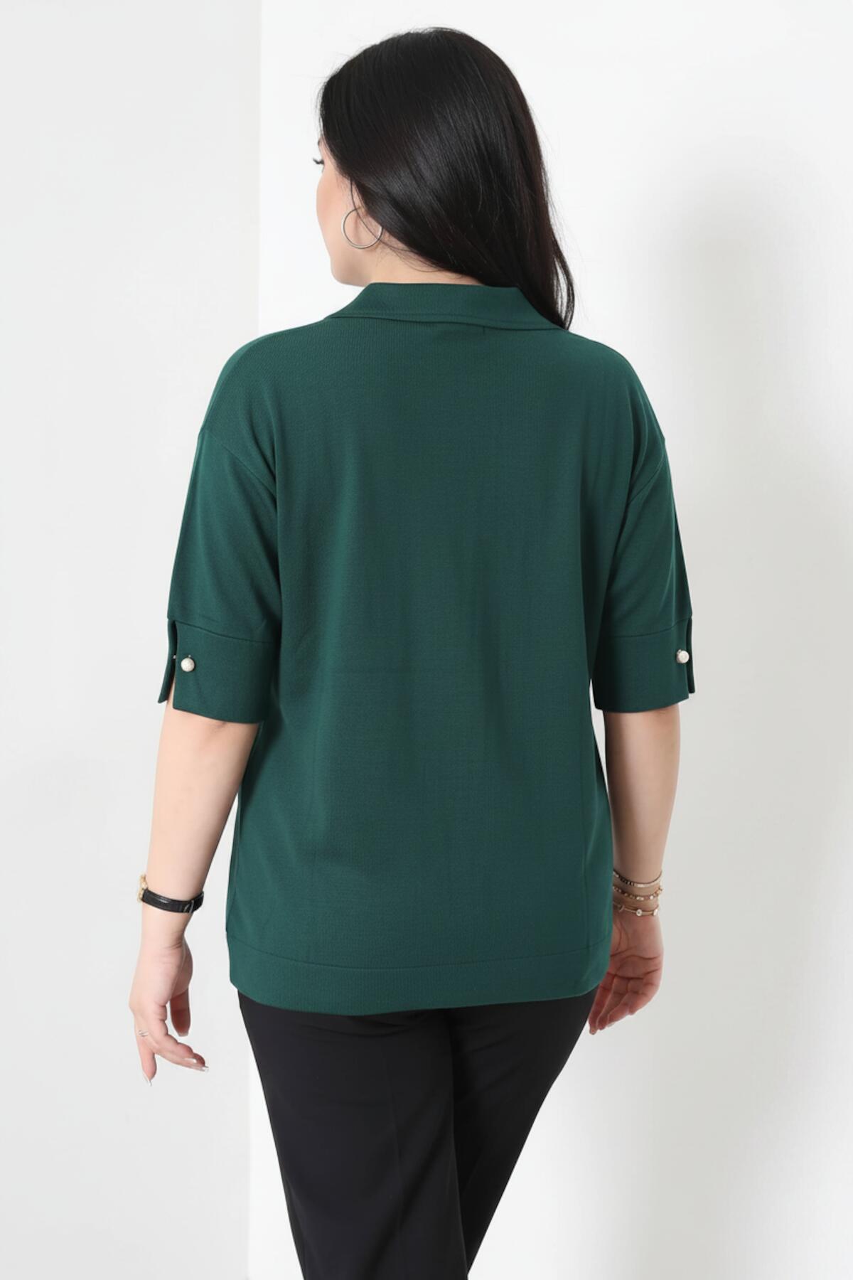Plus - Size Pearl - Collar Blouse, Emerald