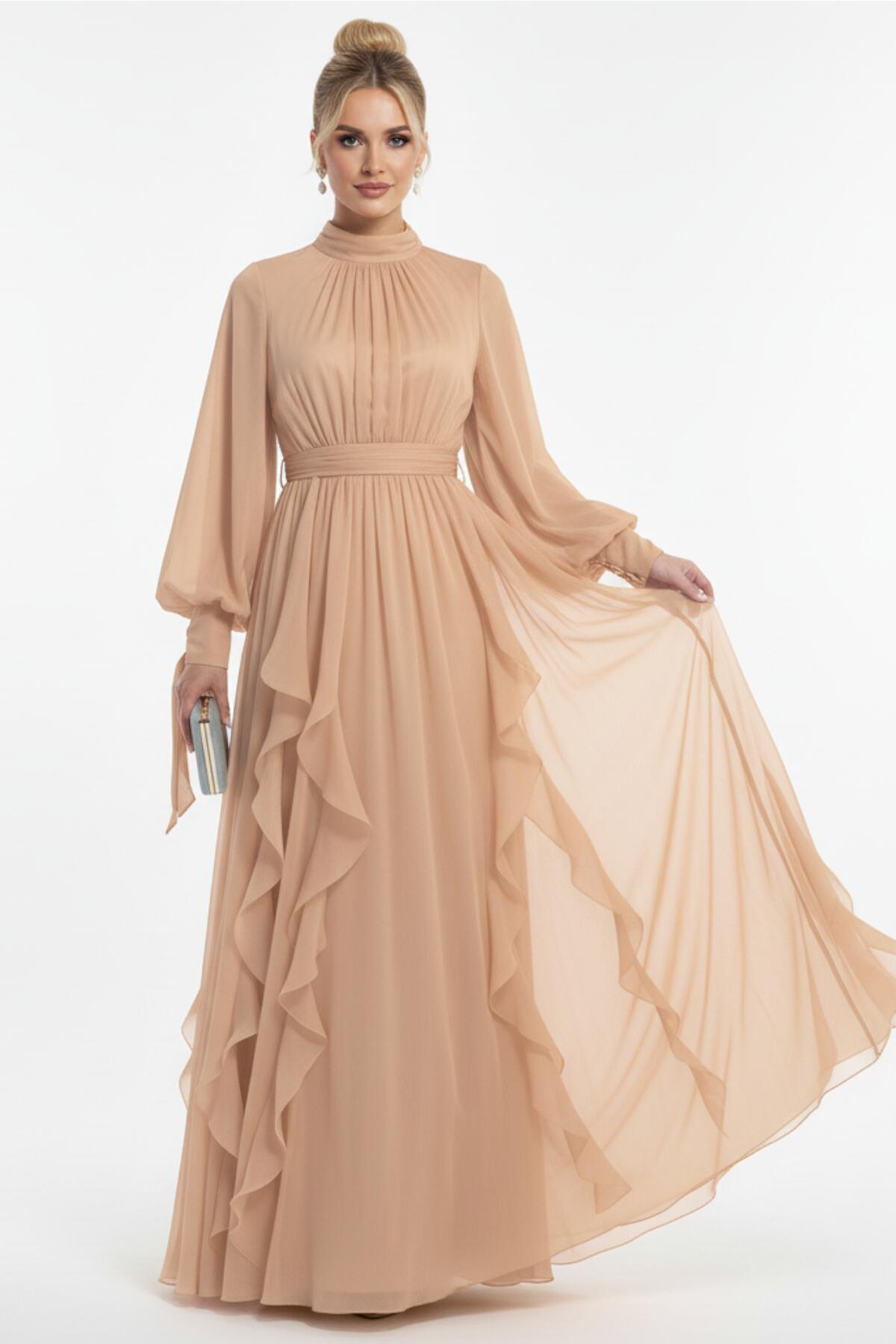 Bouclé Long - Sleeve Evening Dress — Beige